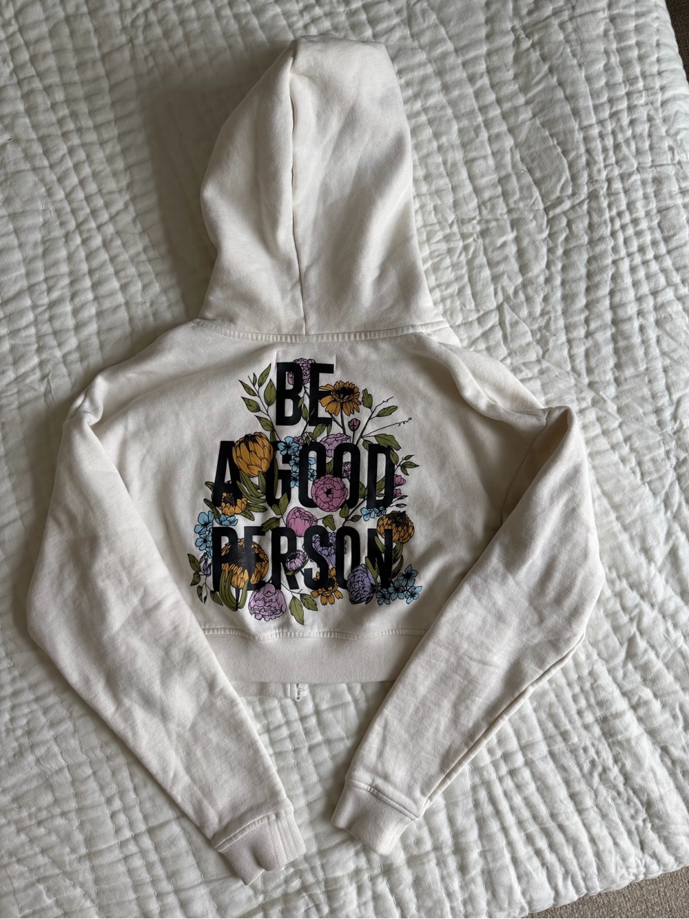 Cream Cropped Hoodie with Floral "Be A Good Person" Back Graphic